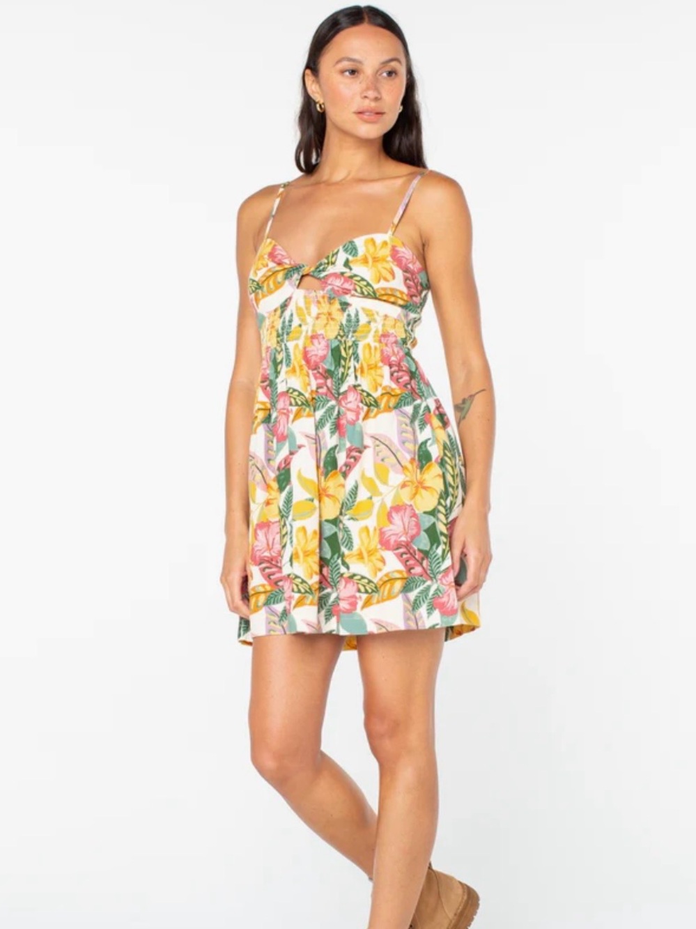 ROXY - NWT -  Tropical Floral Tie-Front Mini Dress in Pink & Yellow